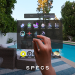 Hand interacts with a virtual interface displaying apps by a poolside, surrounded by greenery and outdoor furniture, text...