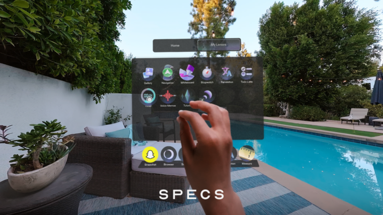 Hand interacts with a virtual interface displaying apps by a poolside, surrounded by greenery and outdoor furniture, text...
