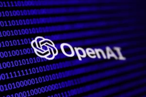 OpenAI logo and text overlaid on a background of blue binary code.