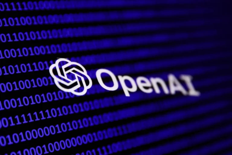 OpenAI logo and text overlaid on a background of blue binary code.