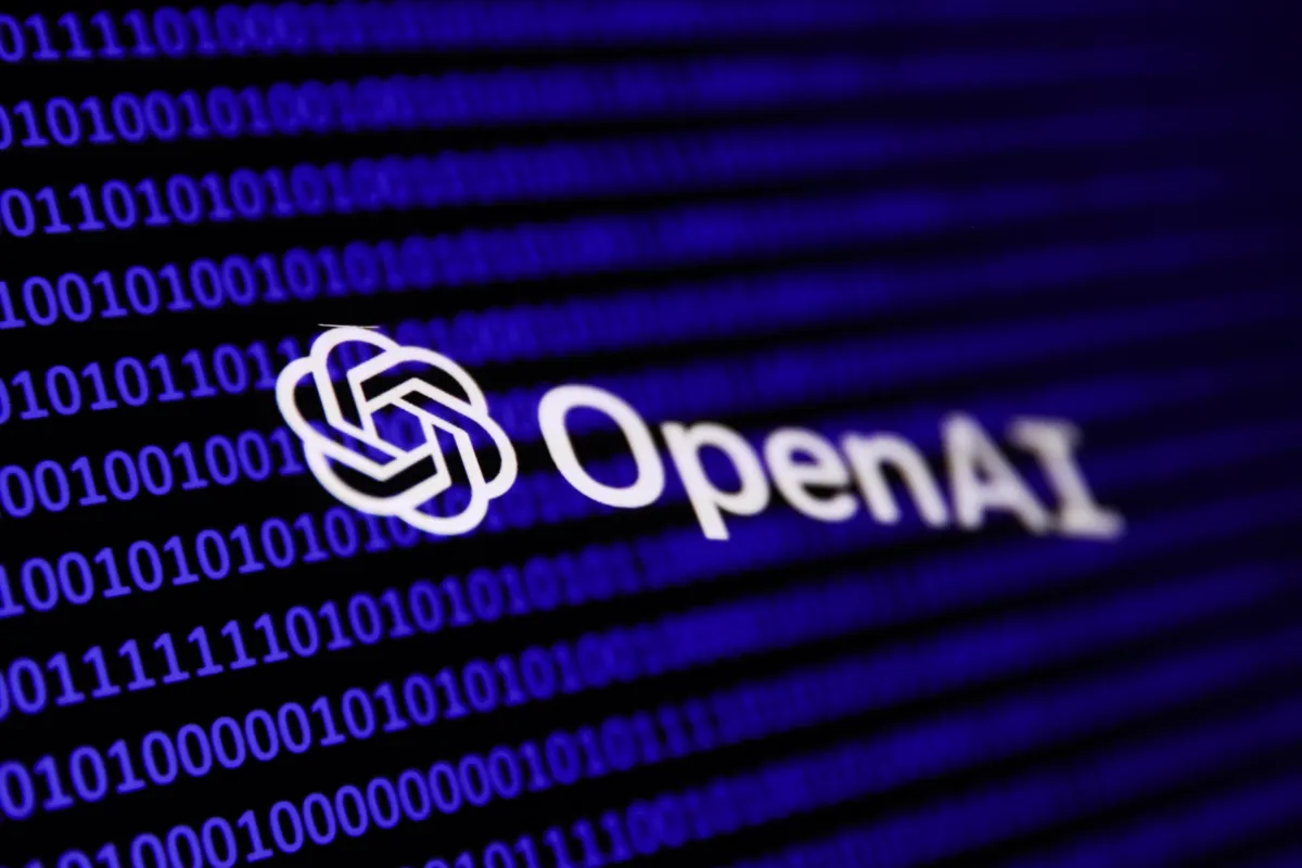 OpenAI logo and text overlaid on a background of blue binary code.