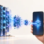 Hand holding smartphone with digital data flow connecting to a server, representing AI technology and connectivity