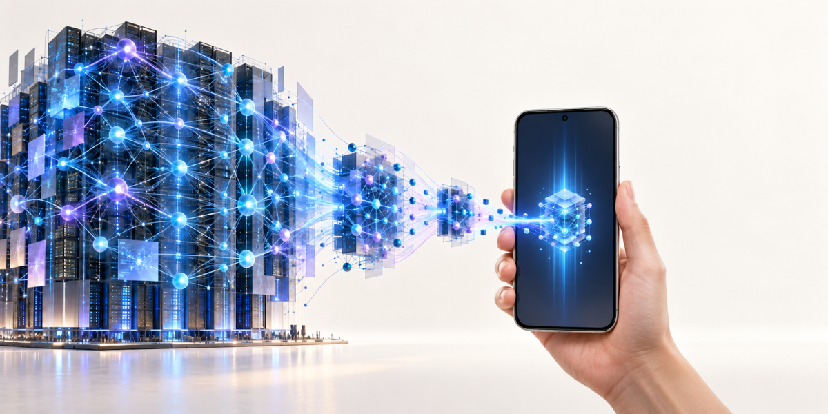 Hand holding smartphone with digital data flow connecting to a server, representing AI technology and connectivity