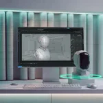 Computer monitor displaying 3D model, futuristic desk setup with keyboard, mouse, and robotic head, teal lighting, curtain...