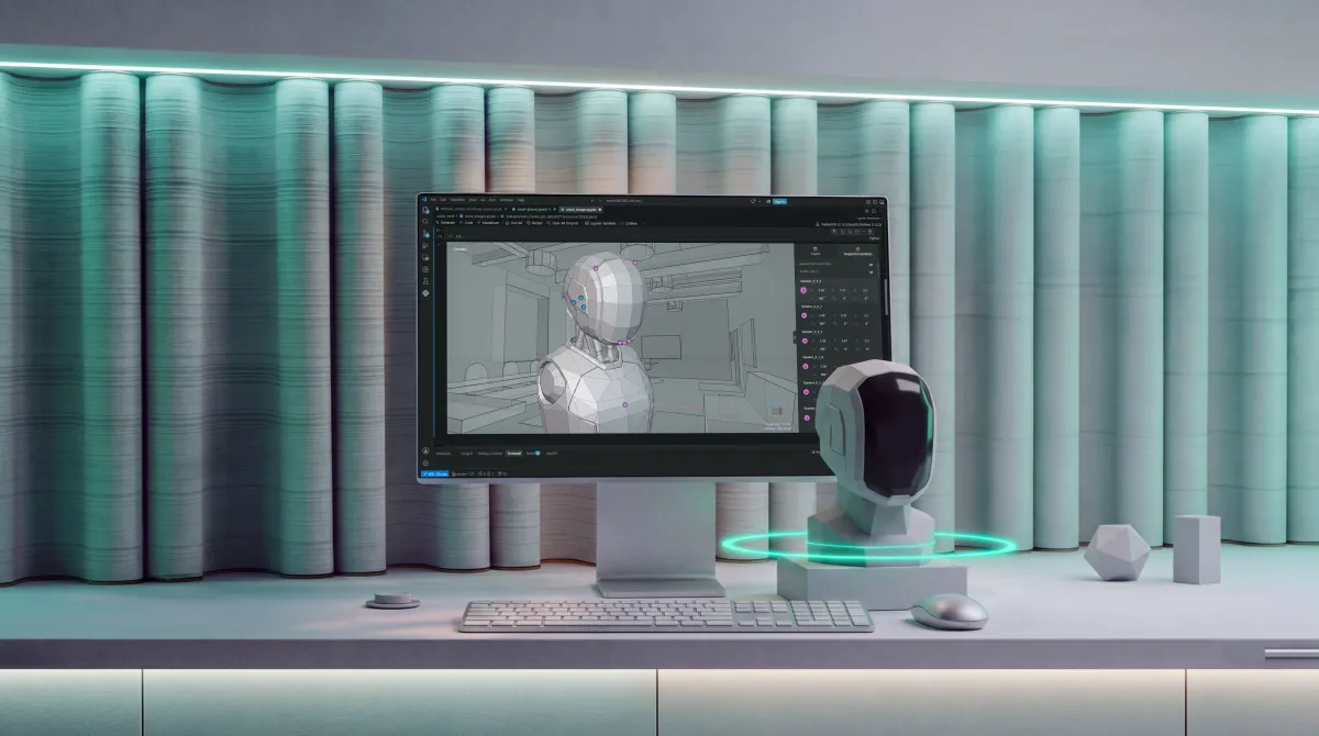 Computer monitor displaying 3D model, futuristic desk setup with keyboard, mouse, and robotic head, teal lighting, curtain...