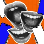 Collage with hands holding smartphones and black-and-white mouths on an orange grid background.