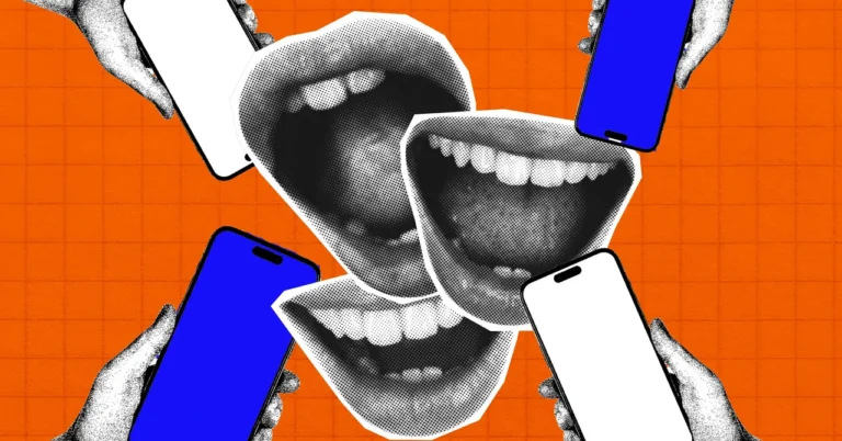 Collage with hands holding smartphones and black-and-white mouths on an orange grid background.