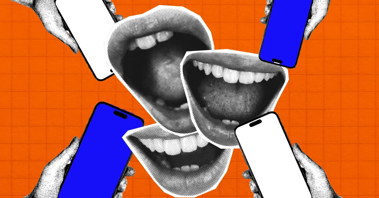 Collage with hands holding smartphones and black-and-white mouths on an orange grid background.