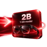 Red graphic featuring smart glasses, text "2B 1-bit model," with red arrow and glowing effects.