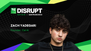 TechCrunch Disrupt 2026 banner featuring Zach Yadegari, founder of Cal AI, with event details in San Francisco, October 13...