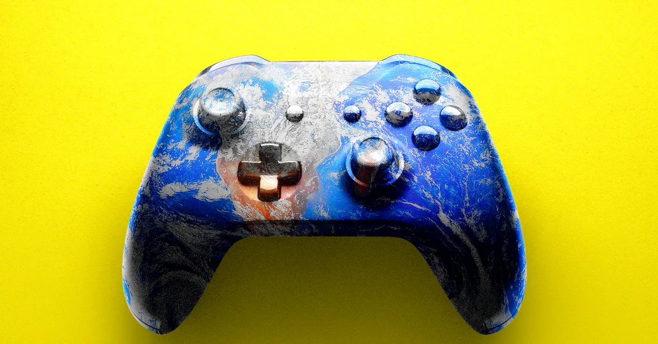 Colorful gaming controller with a world map design on a bright yellow background.