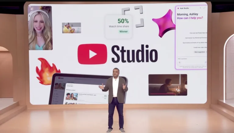 Presenter on stage in front of a YouTube Studio screen with AI tool graphics and video thumbnails.