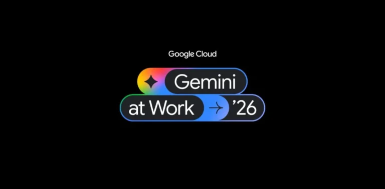 Google Cloud Gemini at Work '26 logo with colorful gradient on black background.