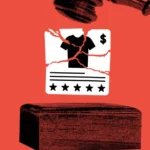 Gavel striking a block with a cracked ad icon showing a shirt, dollar sign, and star ratings on a red background.