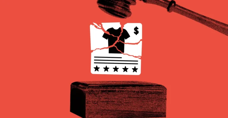 Gavel striking a block with a cracked ad icon showing a shirt, dollar sign, and star ratings on a red background.