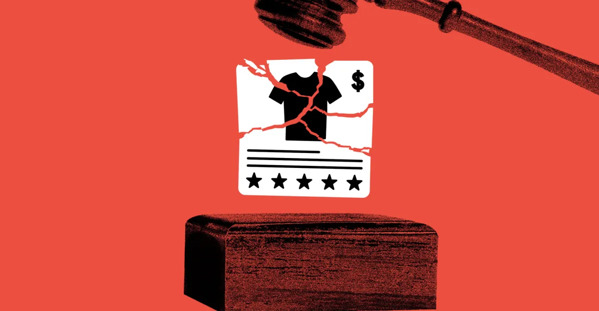 Gavel striking a block with a cracked ad icon showing a shirt, dollar sign, and star ratings on a red background.
