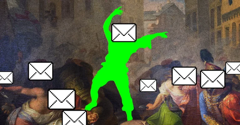 A green silhouette with an envelope for a head in a historical painting, surrounded by floating envelopes.