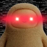 Fuzzy character with glowing red eyes against a static-filled background.