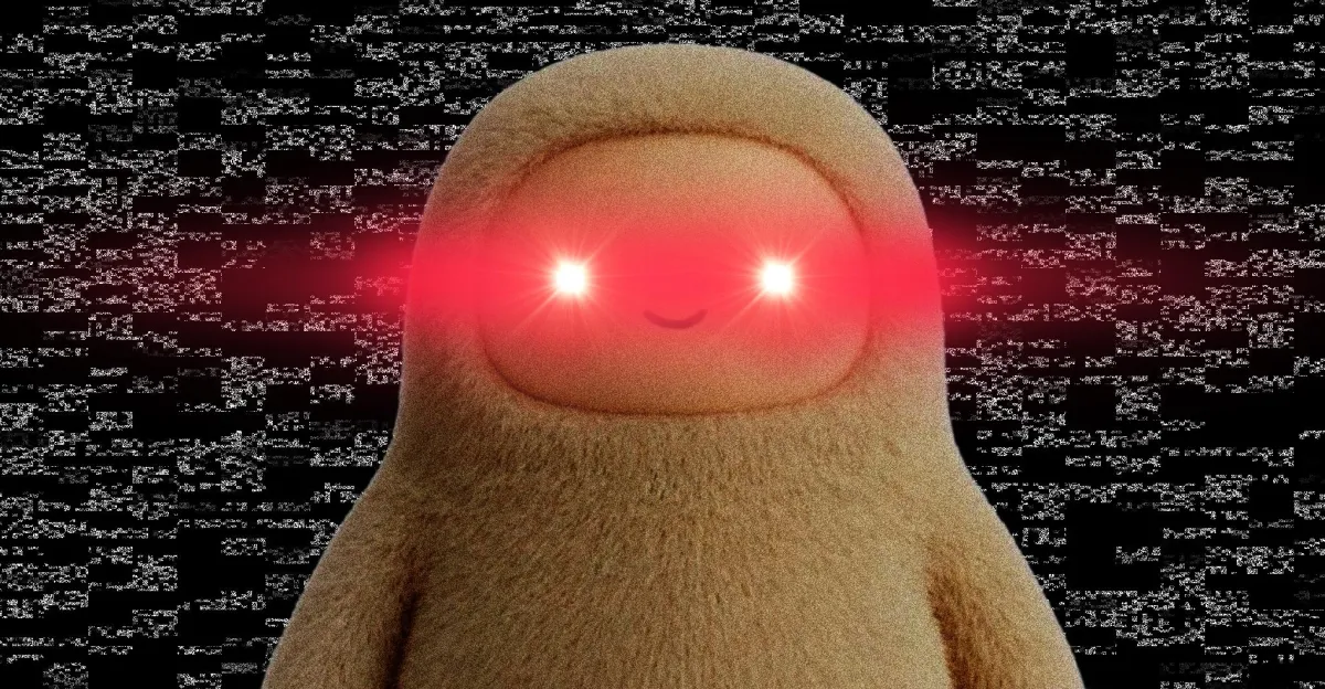 Fuzzy character with glowing red eyes against a static-filled background.