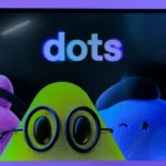 Colorful cartoon characters in a purple frame with the word "dots" above them on a dark background.