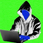 Hooded figure typing on a laptop, face obscured by binary code, against green background with binary text.