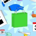 Colorful hands hold a green bag, calendar pages, pens, and paper, set against a blue background with starburst patterns.