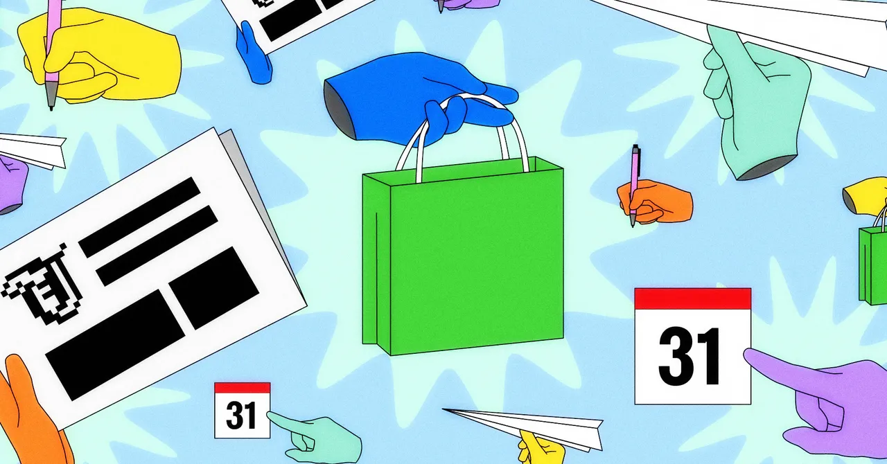Colorful hands hold a green bag, calendar pages, pens, and paper, set against a blue background with starburst patterns.