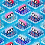 Colorful 3D robot icons with antennas on layered platforms, arranged in a seamless pattern over a blue circuit-like backgr...
