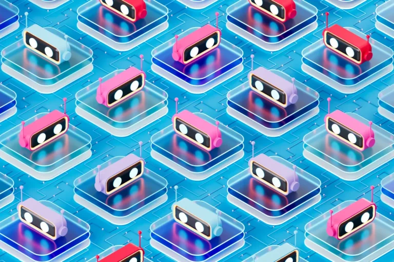 Colorful 3D robot icons with antennas on layered platforms, arranged in a seamless pattern over a blue circuit-like backgr...