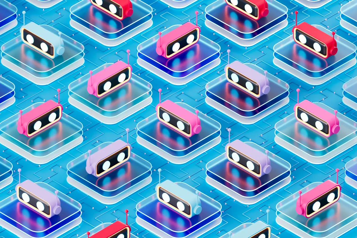 Colorful 3D robot icons with antennas on layered platforms, arranged in a seamless pattern over a blue circuit-like backgr...
