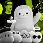 Two men in yellow hue, cartoon characters labeled Alfred and Muse, and a group of small, white, fluffy figures with variou...