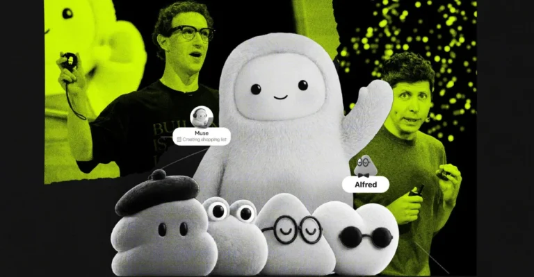 Two men in yellow hue, cartoon characters labeled Alfred and Muse, and a group of small, white, fluffy figures with variou...