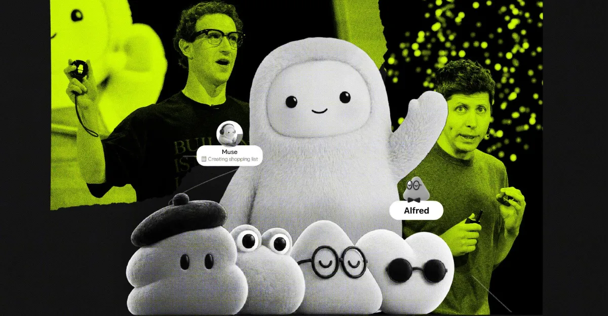 Two men in yellow hue, cartoon characters labeled Alfred and Muse, and a group of small, white, fluffy figures with variou...