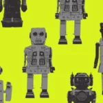 Vintage robot illustrations on bright yellow background