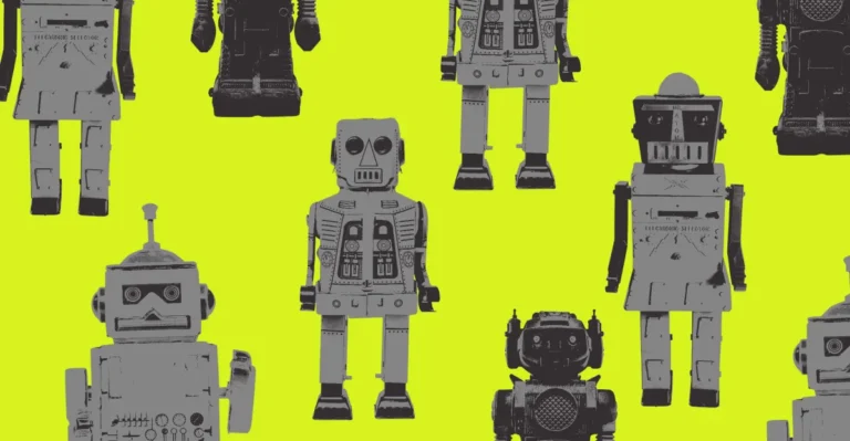 Vintage robot illustrations on bright yellow background