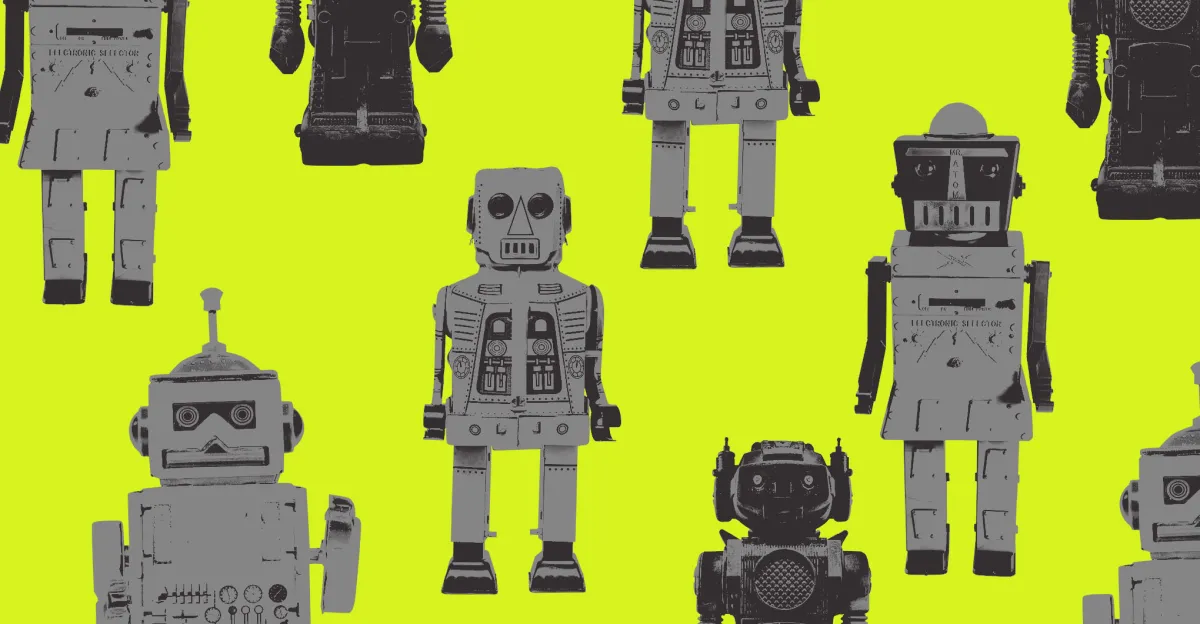 Vintage robot illustrations on bright yellow background