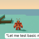A cartoon lobster character stands on a blocky terrain by the sea, with text saying, "Let me test basic movement.