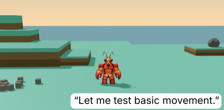 A cartoon lobster character stands on a blocky terrain by the sea, with text saying, "Let me test basic movement.