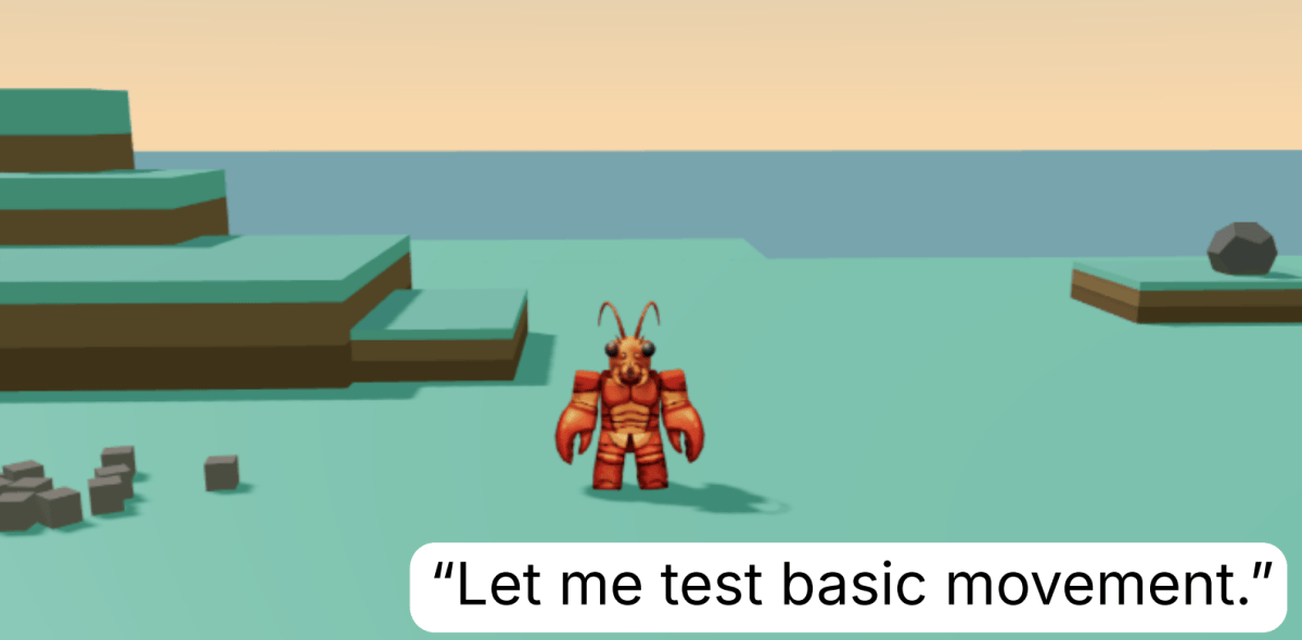 A cartoon lobster character stands on a blocky terrain by the sea, with text saying, "Let me test basic movement.