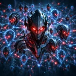 Futuristic robotic heads with glowing red eyes connected by digital networks, surrounded by floating data screens