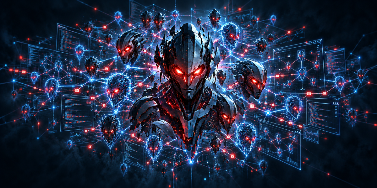Futuristic robotic heads with glowing red eyes connected by digital networks, surrounded by floating data screens