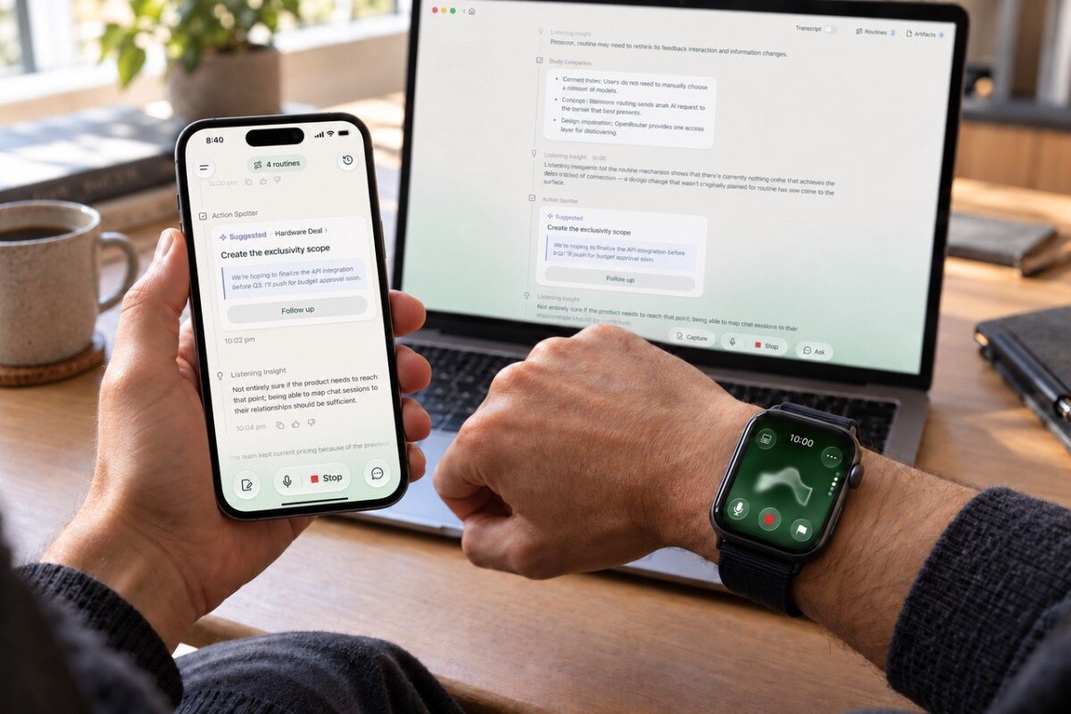 Person using a smartphone, smartwatch, and laptop with AI assistant interfaces, sitting at a table with a coffee cup.