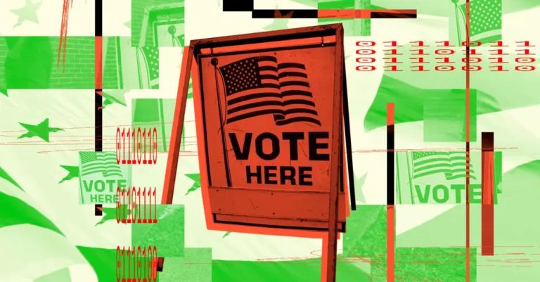 Red and green collage with a "Vote Here" sign, binary code, and abstract patterns, featuring American flag imagery.