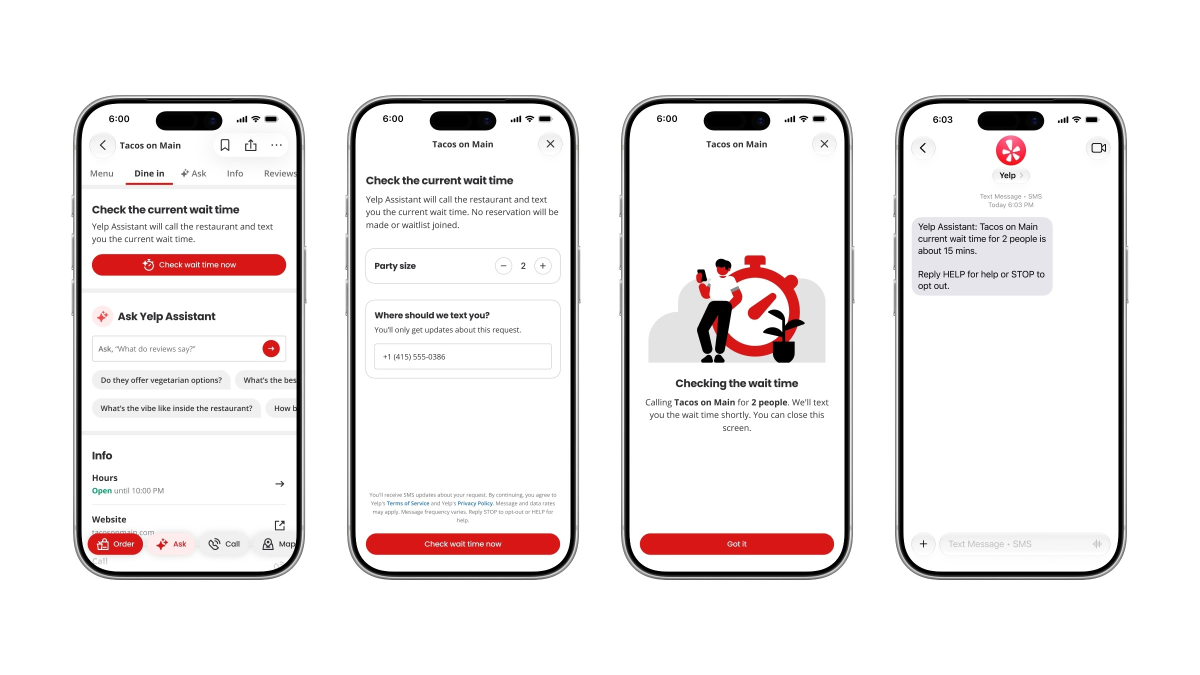 Four smartphone screens show Yelp Assistant checking restaurant wait times via text for a party of two at Tacos on Main.