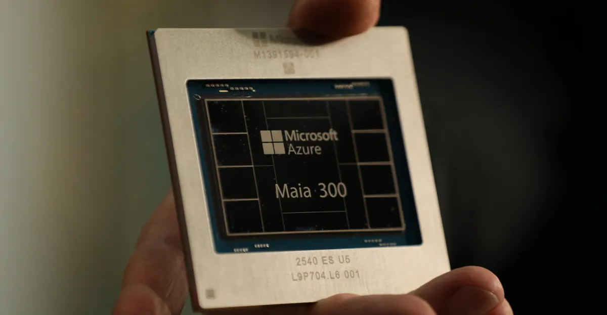 Hand holding a chip labeled Microsoft Azure Maia 300, with a blurred background.