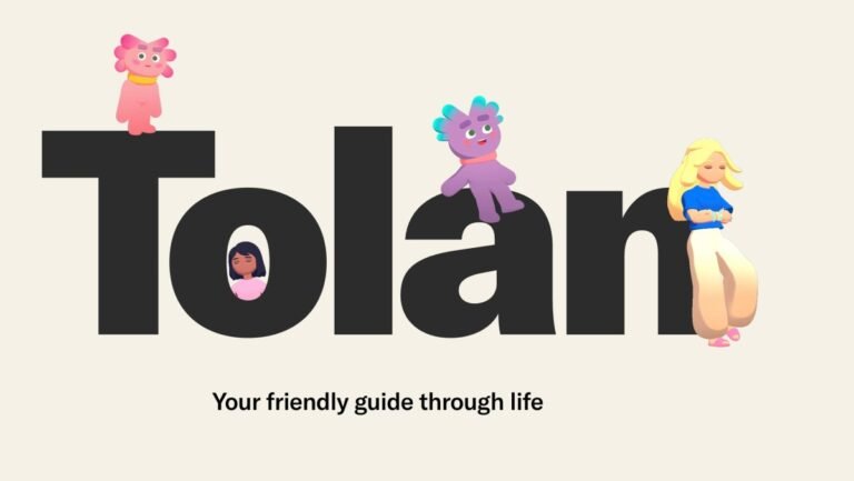 Tolan" text with cartoon characters sitting and standing on letters, captioned "Your friendly guide through life.
