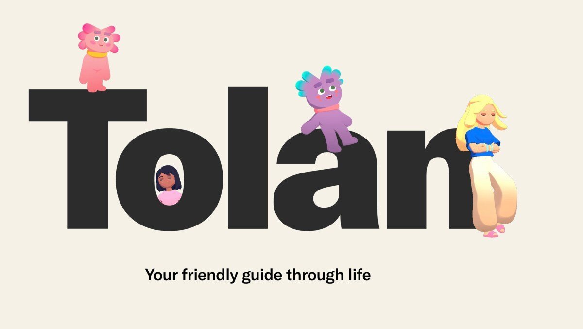 Tolan" text with cartoon characters sitting and standing on letters, captioned "Your friendly guide through life.