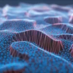 Abstract 3D landscape with blue and pink wireframe mesh on wavy surfaces, resembling a digital terrain.