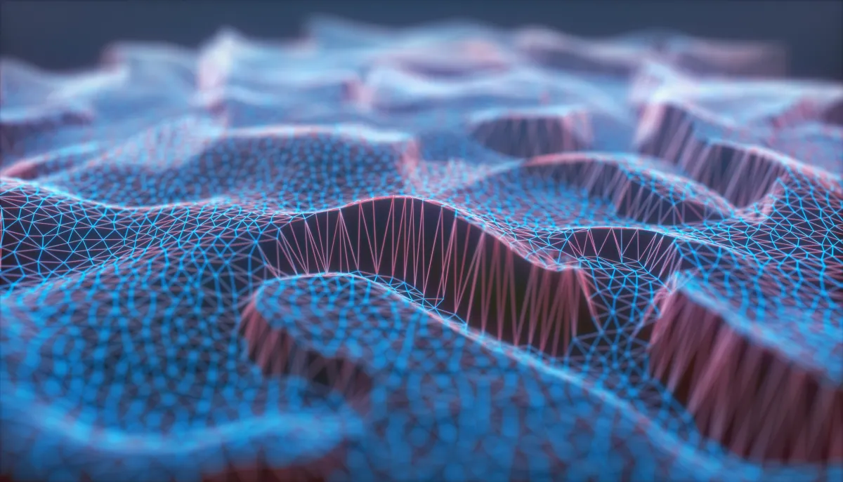 Abstract 3D landscape with blue and pink wireframe mesh on wavy surfaces, resembling a digital terrain.