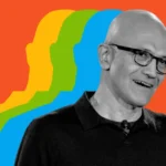 Man with glasses smiling, colorful silhouette effect behind, orange background.